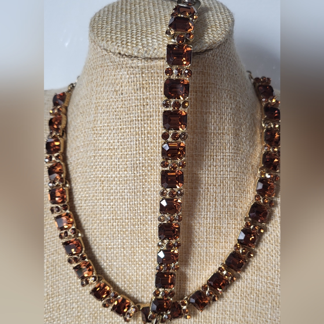 Vintage Charel Gold-Tone Necklace And Bracelet Set With Amber Brown Rhinestones
